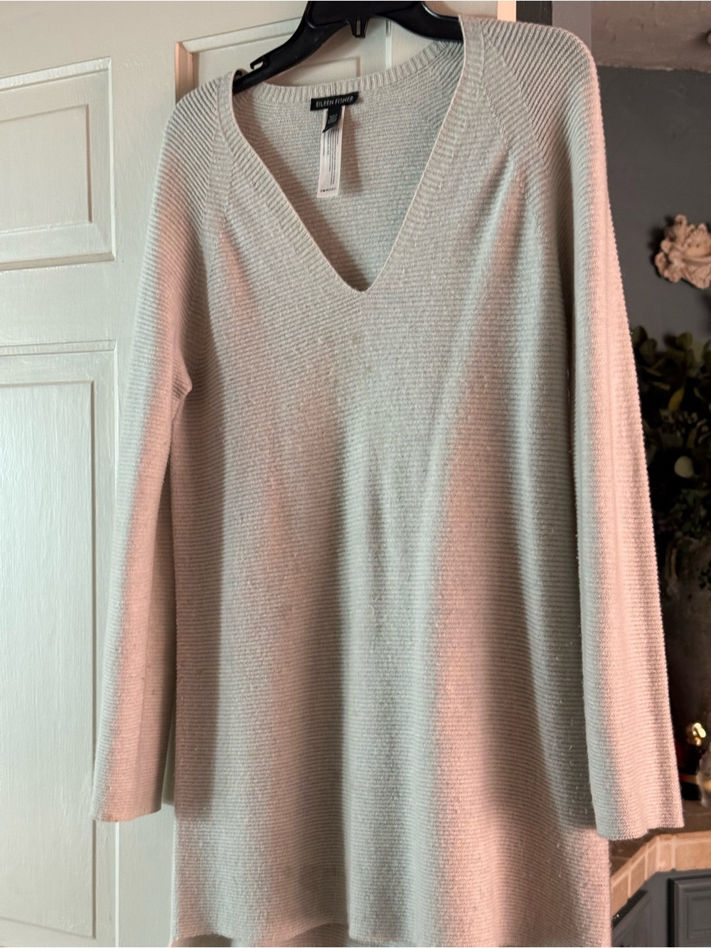 Eileen Fisher Light Gray V-Neck Tunic Sweater